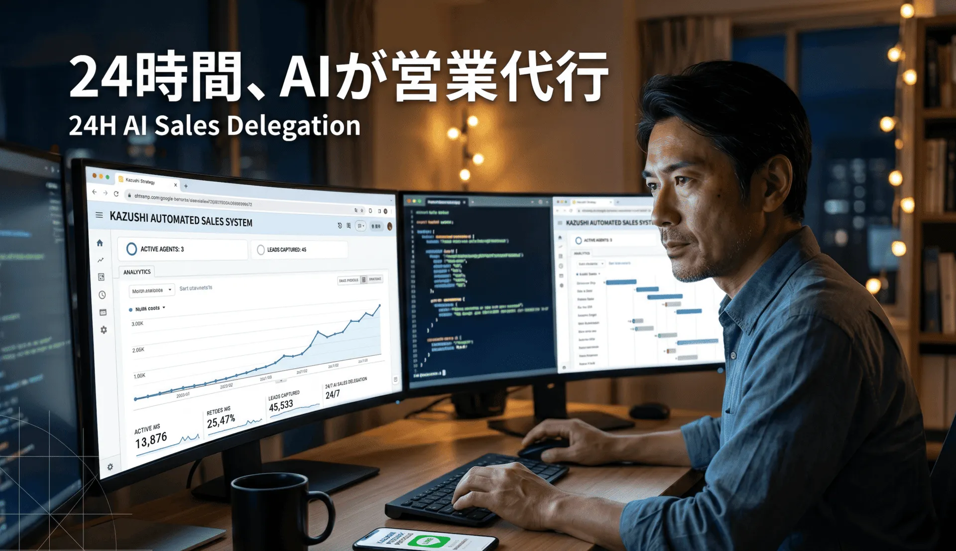 24時間365日の自動収益化を構築するAI営業代行システムをトリプルモニターで稼働・開発するWebコンサルタントのオフィス風景